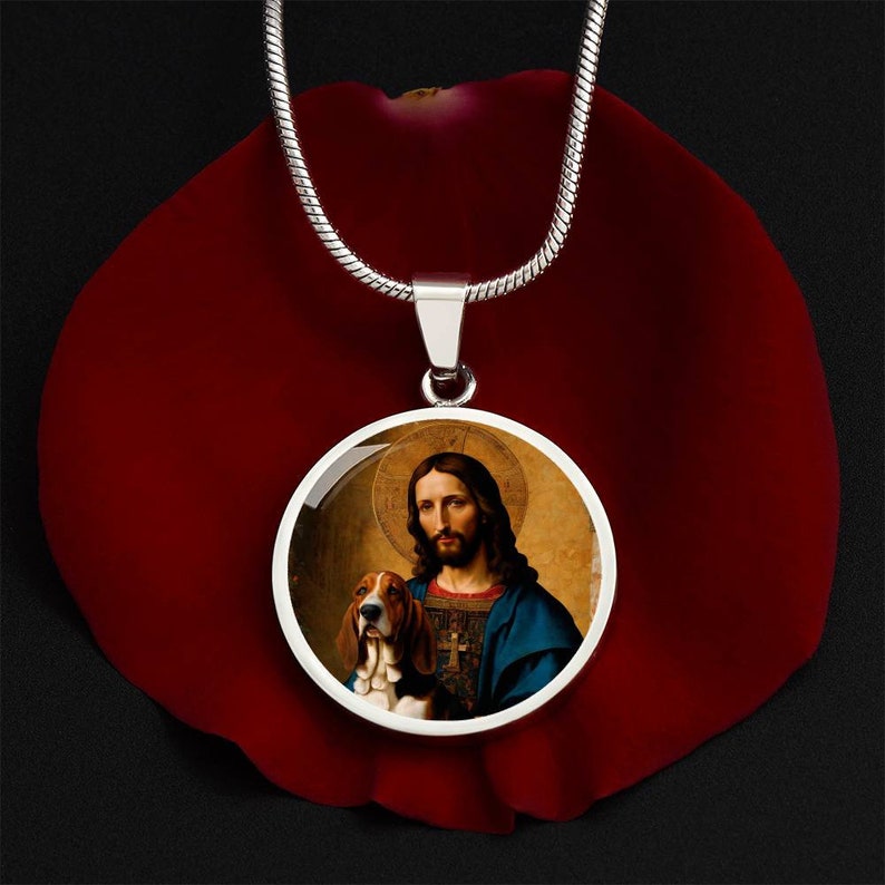 Basset Hound and Jesus Christ Necklace, Dog Pendant, Engrave Option, Custom Renaissance Dog, Personalized Memorial Jewelry image 8