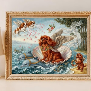 May include: A framed artwork depicts a Cavalier King Charles Spaniel with angel wings seated in a seashell, surrounded by dolphins and cherub dogs. The artwork has a vintage aesthetic with a gold frame and a whimsical theme.
