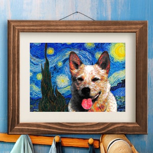 Red Heeler Art CANVAS, Van Gogh Starry Night Print, Customized Australian Cattle Dog Portrait Mom & Dad gifts image 5