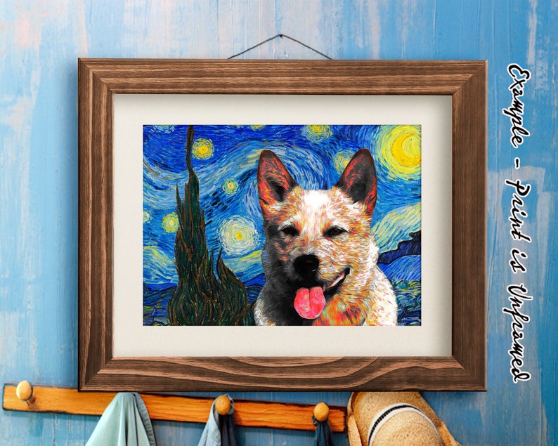 Red Heeler Art CANVAS, Van Gogh Starry Night Print, Customized Australian Cattle Dog Portrait Mom & Dad gifts image 5