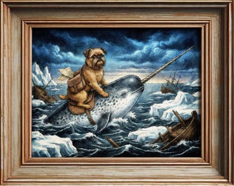 Brussels Griffon Riding Narwhal Art | Moody Sea Wall Art | Whimsical Oil Painting