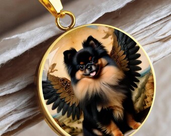 Pomeranian Angel Pendant: Custom Dog Portrait Necklace, Engraved Pet Memorial