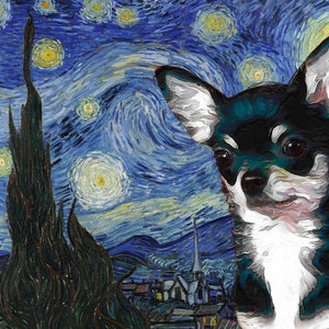 Starry Night Van Gogh Black Chihuahua Art Customized Canvas Print - Personalized Dog Portrait for Mom Dad Gifts