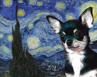 Starry Night Van Gogh Black Chihuahua Art Customized Canvas Print - Personalized Dog Portrait for Mom Dad Gifts