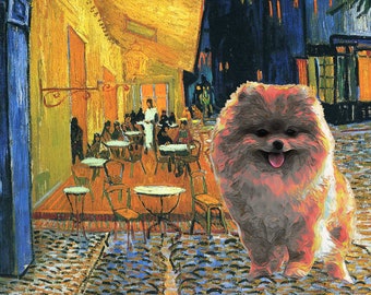 Terrazza del Pomeranian Art Van Gogh Cafe di notte, regalo per mamma e papà con ritratto di cane Pom