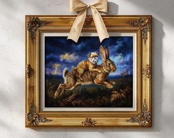 Brussels Griffon Riding Hare Art | Quirky Rabbit Decor | Moody Canvas Print
