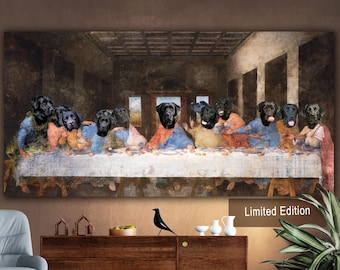 Arte de la Última Cena de un Labrador Negro: Impresión en lienzo de perro renacentista (Edición limitada), retrato personalizado de mascota