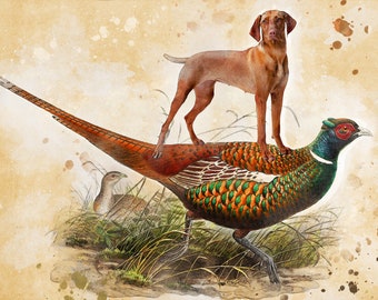 Hungarian Vizsla Dog riding pheasant Art Vintage CANVAS Print Dog Mom and Dad Personalized gifts