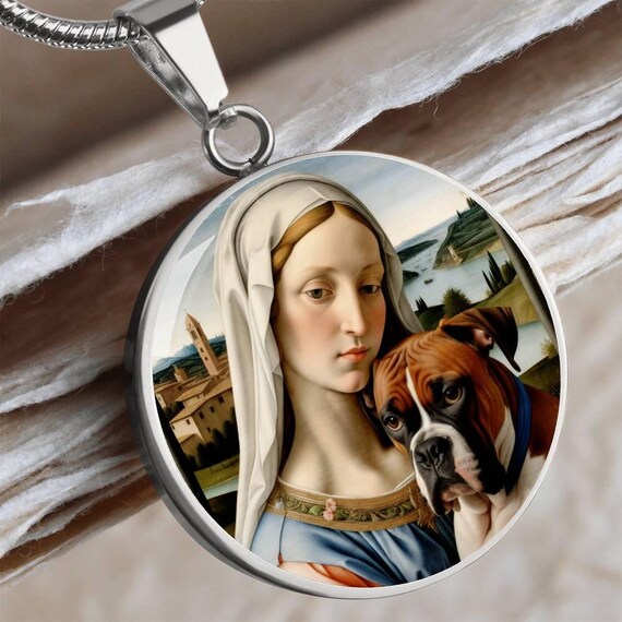 Boxer Dog and Virgin Mary Necklace, Fawn Boxer Dog Pendant With