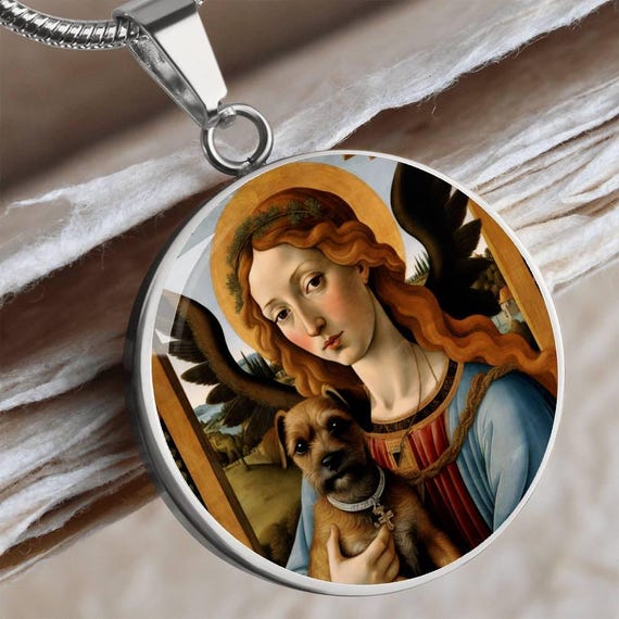 Border Terrier and Angel Necklace, Renaissance Dog Pendant With