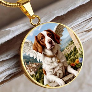 Brittany Dog Angel Necklace, Brittany Spaniel Gift, Personalized with Your Dog, Engrave Option, Renaissance Dog Memorial Pendant