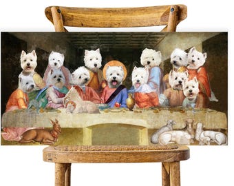 Lienzo de la Última Cena de Westie: Arte canino renacentista, regalo para mamá y papá, retrato personalizado de mascota