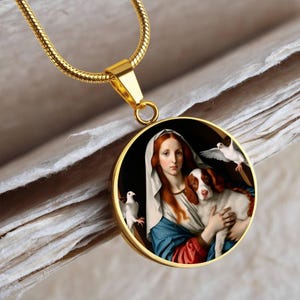 Brittany Spaniel and Virgin Mary Necklace, Brittany Dog Pendant, Engraving Option, Renaissance Dog Gifts, Custom Dog Jewelry