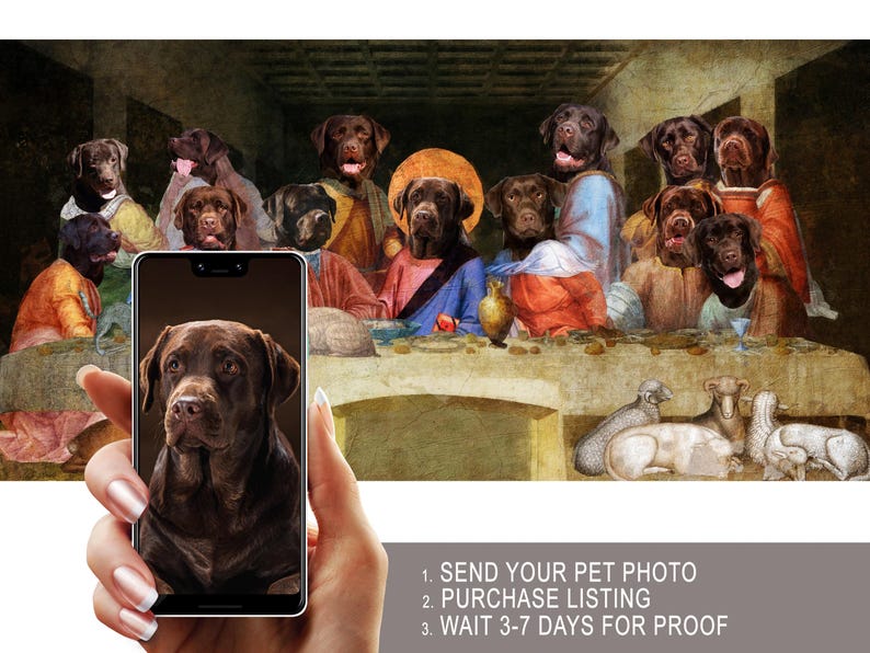 The image is a collage of various dog breeds, each wearing different outfits, arranged in a scene resembling the Last Supper. A hand is holding a smartphone displaying a photo of one of the dogs, and there is text overlaying the image providing instructions for sending a pet photo, purchasing a listing, and waiting for 3-7 days for proof.