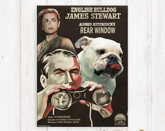 English Bulldog Art White Bulldog Staring in Alfred Hitchcock Rear Window Movie Poster Print Bulldog Dog Gifts by Nobility Dogs