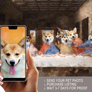 A hand holding a smartphone displaying a photo of a group of dogs with their tongues hanging out, resembling the Last Supper painting.
