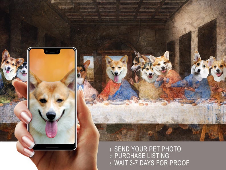 A hand holding a smartphone displaying a photo of a group of dogs with their tongues hanging out, resembling the Last Supper painting.