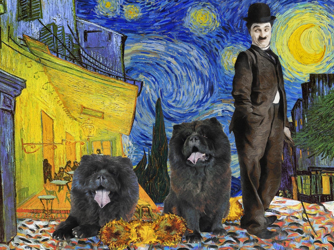 Chow Chow Geschenke, Sternennacht Charlie Gogh Dekor Haus Chaplin Kunst, Hund Terrasse Hund Druck, Van im Caffe