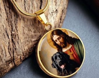Newfoundland and Jesus Christ Necklace, Newfie Dog Pendant with Engraving Option, Renaissance Dog, Custom Dog Jewelry