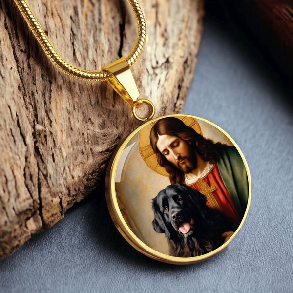 Collier Terre-Neuve et Jésus-Christ, Pendentif pour chien Newfie avec option de gravure, Chien Renaissance, Bijoux pour chiens personnalisés