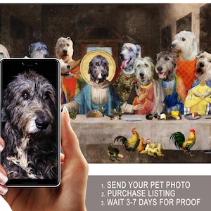 A hand holding a smartphone displaying a photo of a dog, with a painting of dogs dressed in medieval clothing in the background.