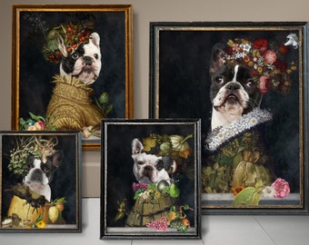 Four Seasons French Bulldog Art, Pied Frenchie Dog Gifts, Winter, Spring, Summer, Autumn, Arcimboldo, Renaissance Dog Mom & Dad gifts