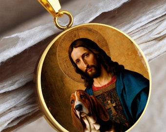 Collier Basset Hound et Jésus-Christ, pendentif chien, option de gravure, chien Renaissance personnalisé, bijoux commémoratifs personnalisés