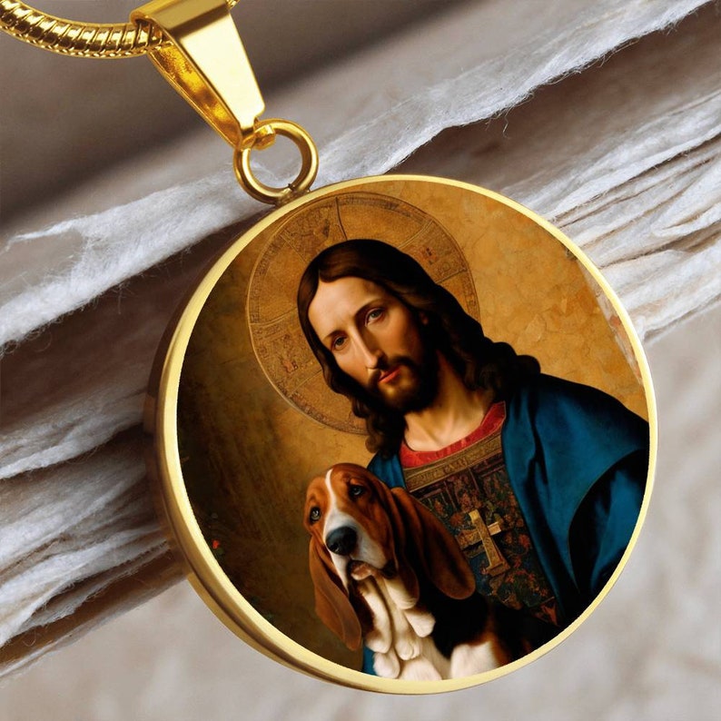 Basset Hound and Jesus Christ Necklace, Dog Pendant, Engrave Option, Custom Renaissance Dog, Personalized Memorial Jewelry image 1