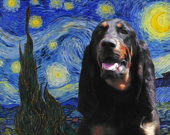 Black and Tan Coonhound Art CANVAS - Starry Night Van Gogh - Personalized Portrait for Dog Mom Dad - Customized Coonhound CANVAS Gift