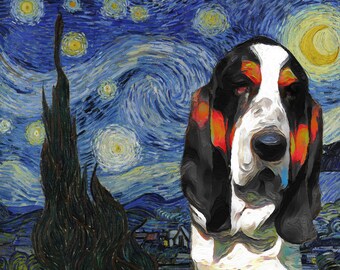 May include: A stylised painting of a Basset Hound dog in the style of Vincent van Gogh's "Starry Night". The dog's face is in the foreground, with a swirling blue and yellow sky behind it.