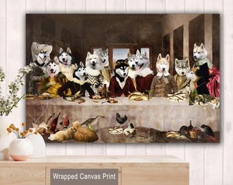 Impresión en lienzo de la Última Cena del Husky Siberiano: Arte canino renacentista, retrato personalizado de mascota