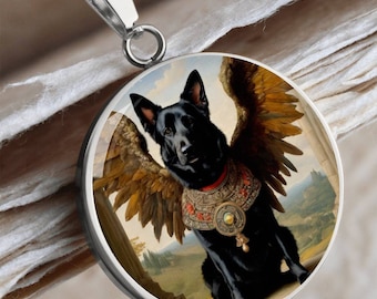 Black German Shepherd Angel Pendant, Alsatian Dog Necklace, Renaissance Dog, Engrave Option, Renaissance Dog, Custom Dog Memorial Jewelry