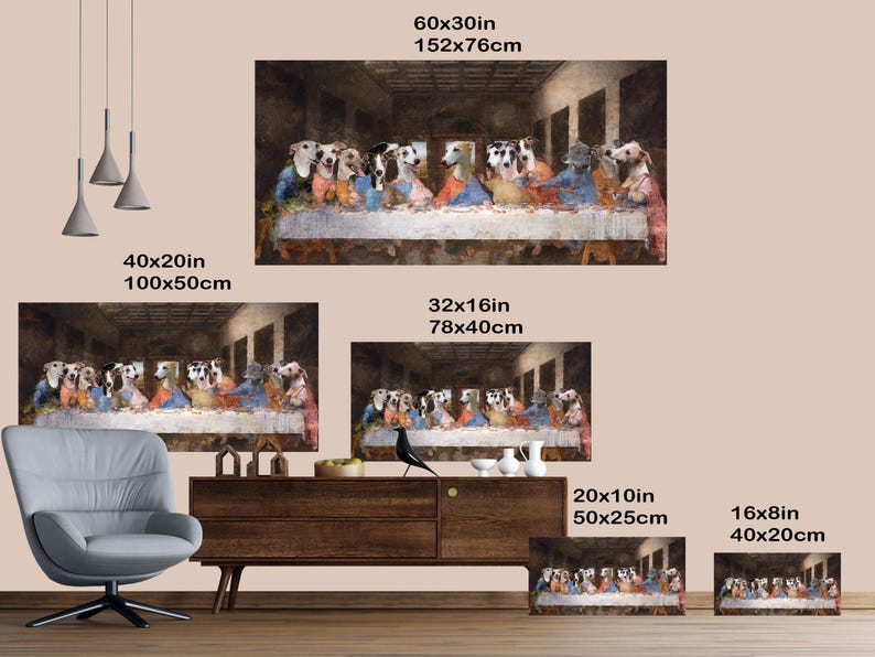 Puede incluir: Una serie de impresiones en lienzo que representan una parodia de La &Uacute;ltima Cena, con perros como sujetos. La impresi&oacute;n m&aacute;s grande mide 152x76cm, con otros tama&ntilde;os disponibles. La obra de arte representa perros de varias razas, vestidos con atuendos b&iacute;blicos, sentados a una mesa.