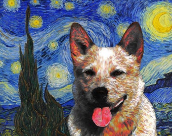 Red Heeler Art CANVAS, Van Gogh Starry Night Print, Customized Australian Cattle Dog Portrait Mom & Dad gifts