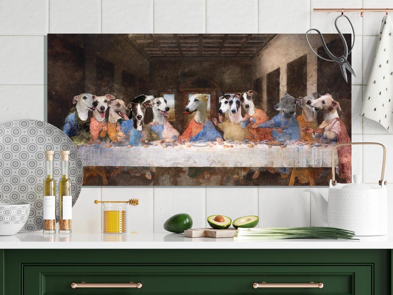 Retrato real personalizado de perro Whippet de la Última Cena, Retratos de perros reales, Retrato real personalizado de mascota, Arte canino regio imagen 14