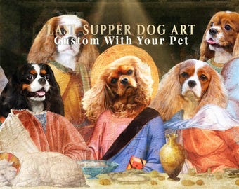 Retrato real personalizado de Cavalier King Charles Spaniel, arte renacentista para mascotas inspirado en la Última Cena, regalo regio para mascotas, al estilo de pinturas famosas.