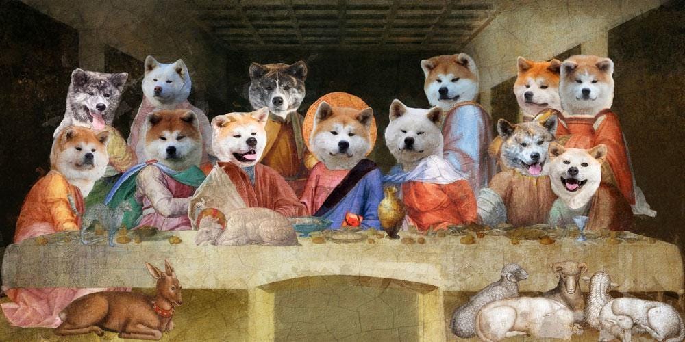秋田犬の最後の晩餐アート：ルネッサンス犬キャンバスプリント - 限定