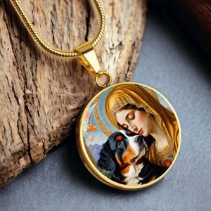 Bernese Mountain Dog and Virgin Mary Bernese Mountain Dog Necklace, Berner Dog Pendant with Engraving Option, Renaissance Dog Gifts, Custom