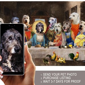 A hand holding a smartphone displaying a photo of a dog, with a painting of dogs dressed in medieval clothing in the background.