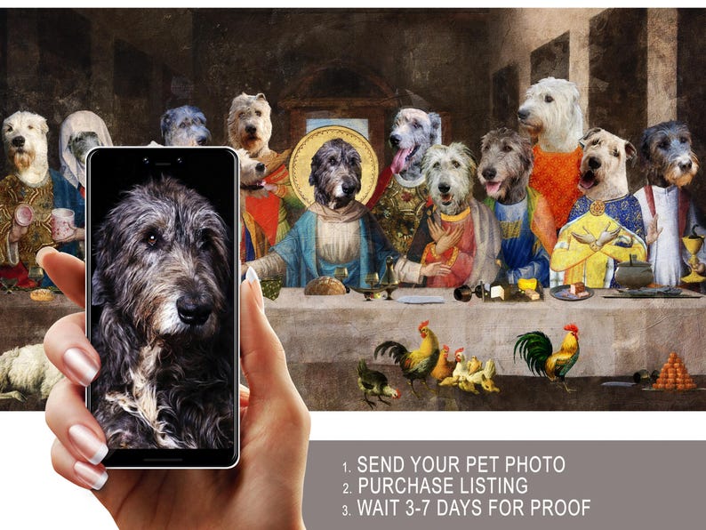A hand holding a smartphone displaying a photo of a dog, with a painting of dogs dressed in medieval clothing in the background.