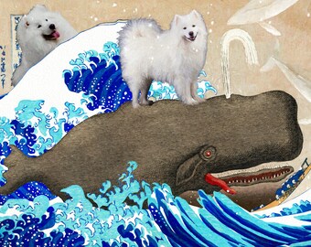 Samoyed Dogs, Samoyed Gifts, The Great Wave Kanagawa, Dog riding Whale Vintage Print, Nobility Dogs Mom and Dad Personalized gifts