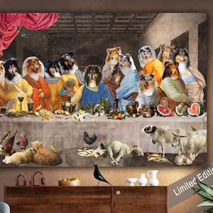 Rough Collie Art LIMITED EDITION Dog Last Supper, Canvas Gallery Wrap, Renaissance Masterpiece Famous Print, Dog Mom & Dad gifts