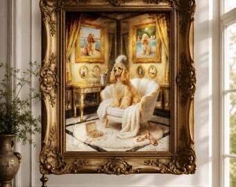 Lienzo impreso estilo art déco de un cocker spaniel americano color canela, retrato de mascota de los locos años 20, arte canino al estilo Gatsby.