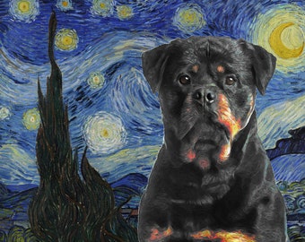 Personalized Rottweiler Rottie Art CANVAS Starry Night Van Gogh Customized print Rottie Dog Portrait Mom & Dad gifts