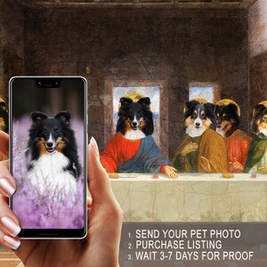 A hand holding a smartphone displaying a close-up of a dog's face, with a painting of people in the background.