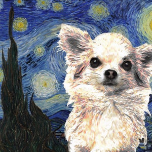 Langharige chihuahuakunst CANVAS Sterrennacht Van Gogh Aangepaste print chihuahua Gepersonaliseerde hondenportret cadeaus mama en papa