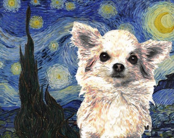 Long Haired Chihuahua Art CANVAS Starry Night Van Gogh Customized print Chihuahua Personalized Dog Portrait Mom & Dad gifts