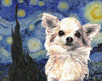 Lámina artística personalizada de Chihuahua con la imagen de la noche estrellada: retrato canino al estilo de Van Gogh.
