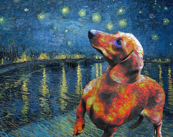 Roter Dackel Art CANVAS Sternennacht über Rhone Van Gogh Doxie Wiener Hund Druck und Tasse Personalisierte Hunde Porträt Geschenke für Mama & Papa
