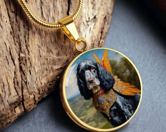 Blue Roan Cocker Spaniel Angel Necklace, Cocker Dog Pendant with Engraving Option, Renaissance Dog Gifts, Custom Dog Jewelry